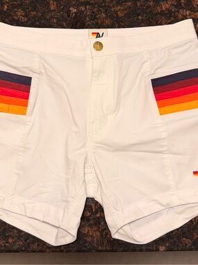 Aviator Nation White Swim Shorts with Signature Rainbow Tag NWOT